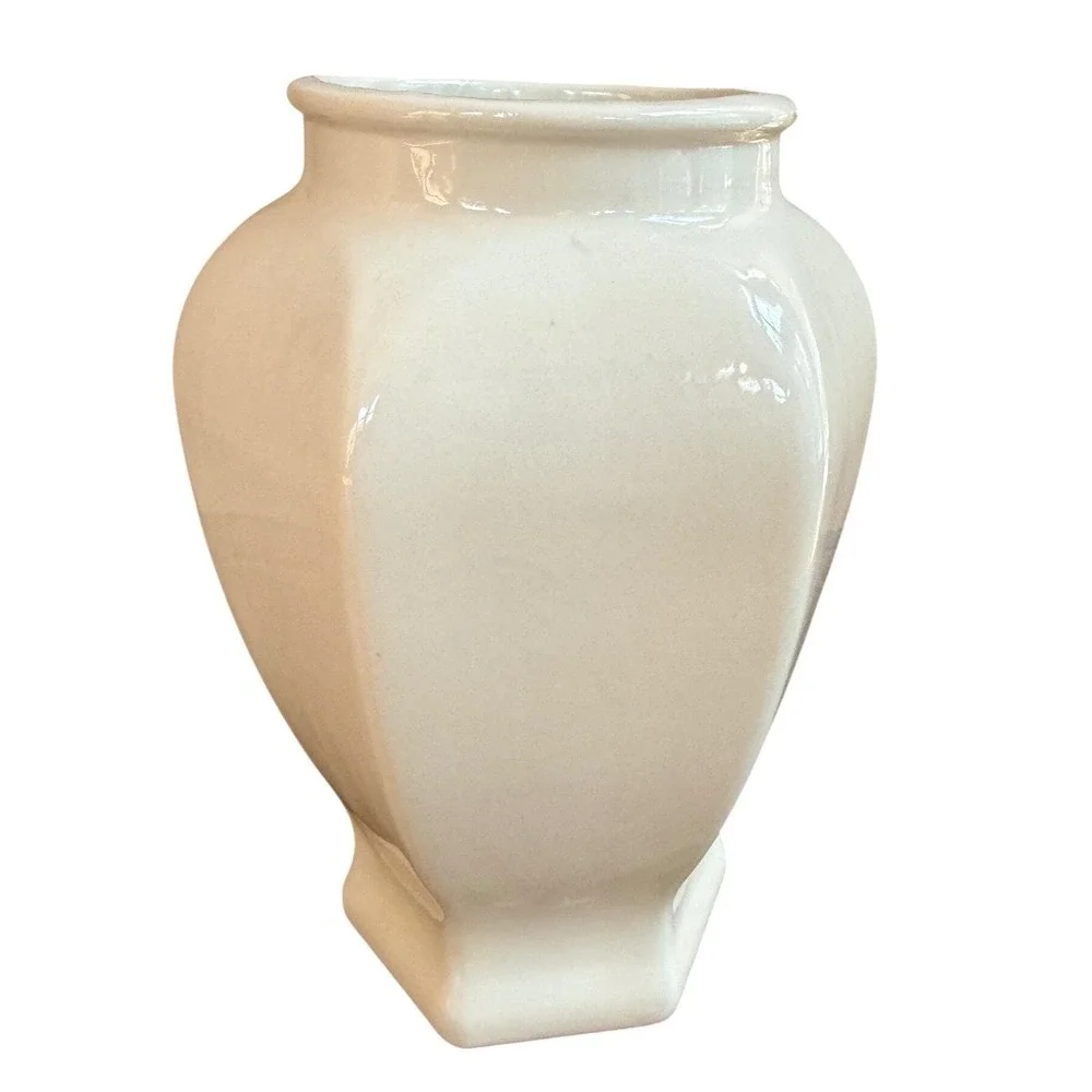 Vintage Hand Painted Ceramic Vase - White Hexagonal Footed Urn - Orange Floral